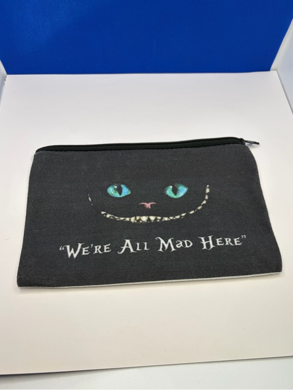 Cheshire Cat Zip Makeup Accessory Pouch - Black with Teal Eyes